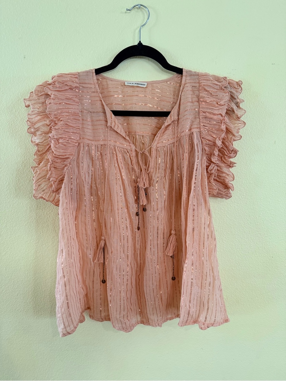 Ulla Johnson Blush Pink Metallic-Striped Ruffle Sleeve Blouse beaded ties size 8